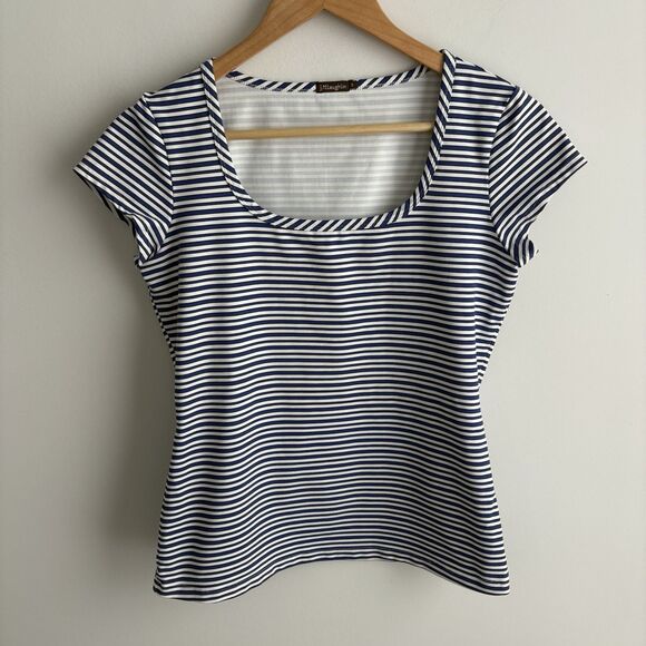 J McLaughlin Small Top Blue White Striped Nylon Blouse Cap Sleeve Summer Top - Picture 1 of 8